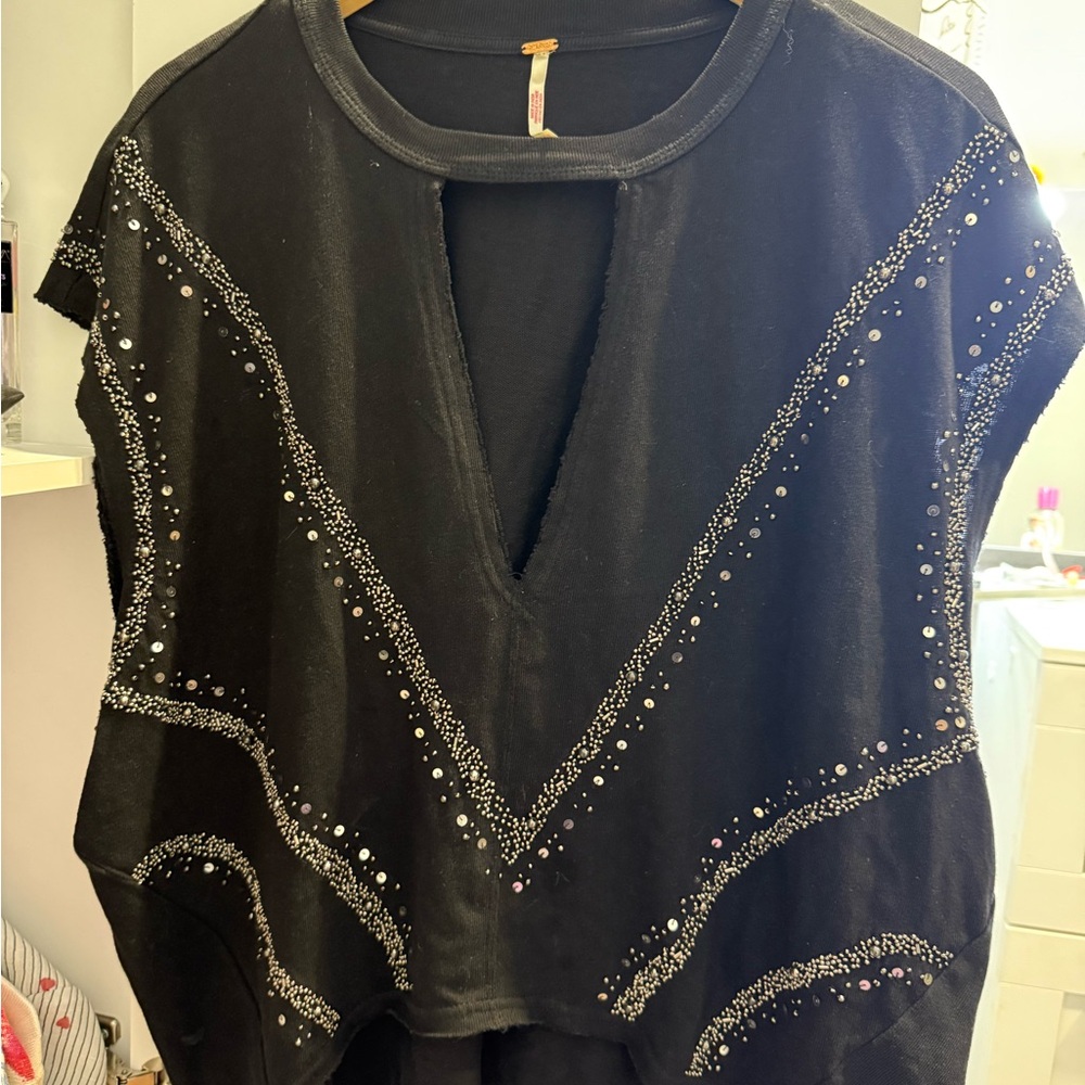 Free People Black Studded Short Sleeve Top